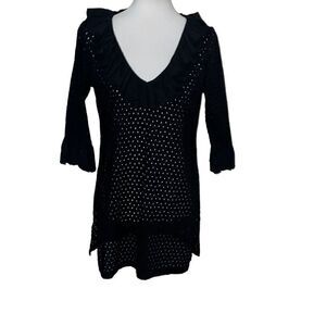 Gretchen Scott Designs Black Eyelet Tunic Swim Coverup Ruffle Neck sz S Small
